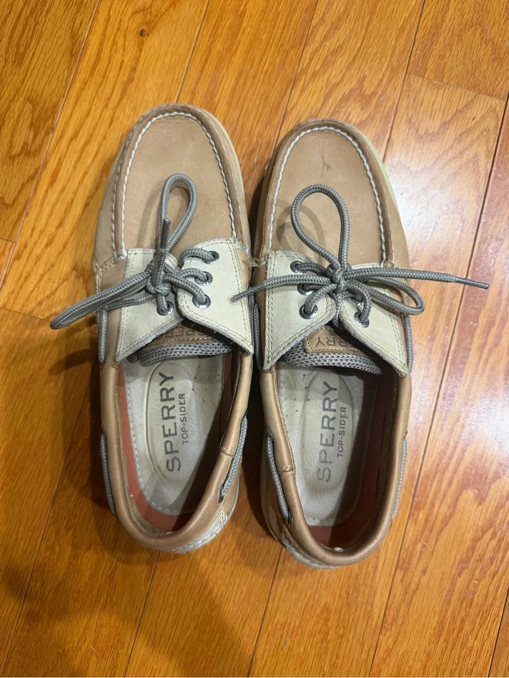 Sperry Top-Sider Men’s 7.5 Tan Leather Boat Shoes Brown Gray Lace Up